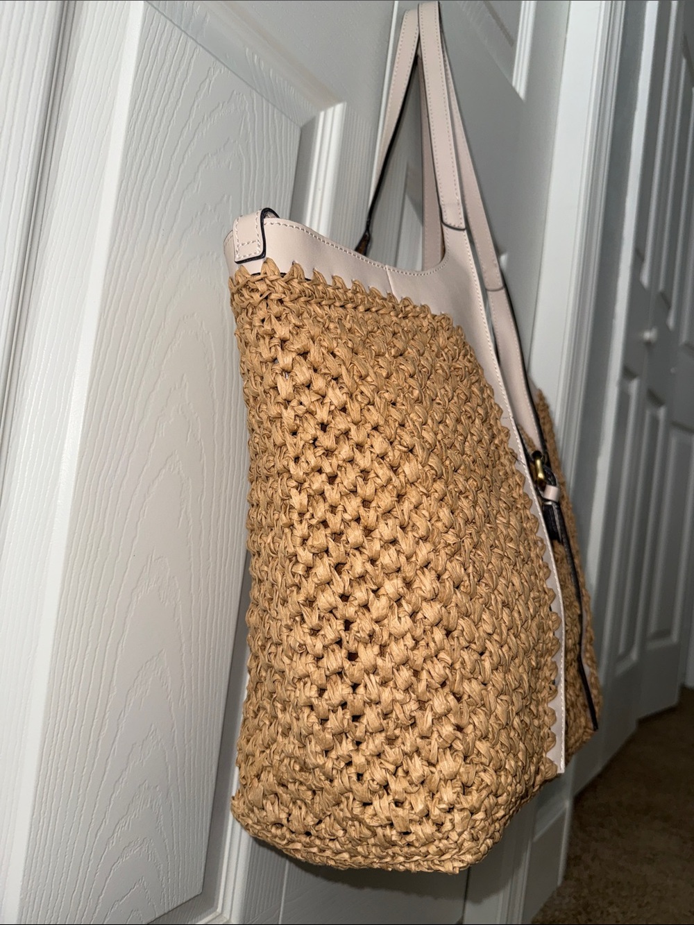 Woven Raffia Tote with Pale Cream Leather Trim - Picture 3 of 9